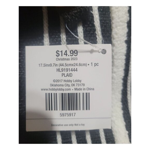 Hobby Lobby Black Burlap 17.5" Christmas Stocking White Stripe Plaid Holiday Dec - Picture 3 of 5